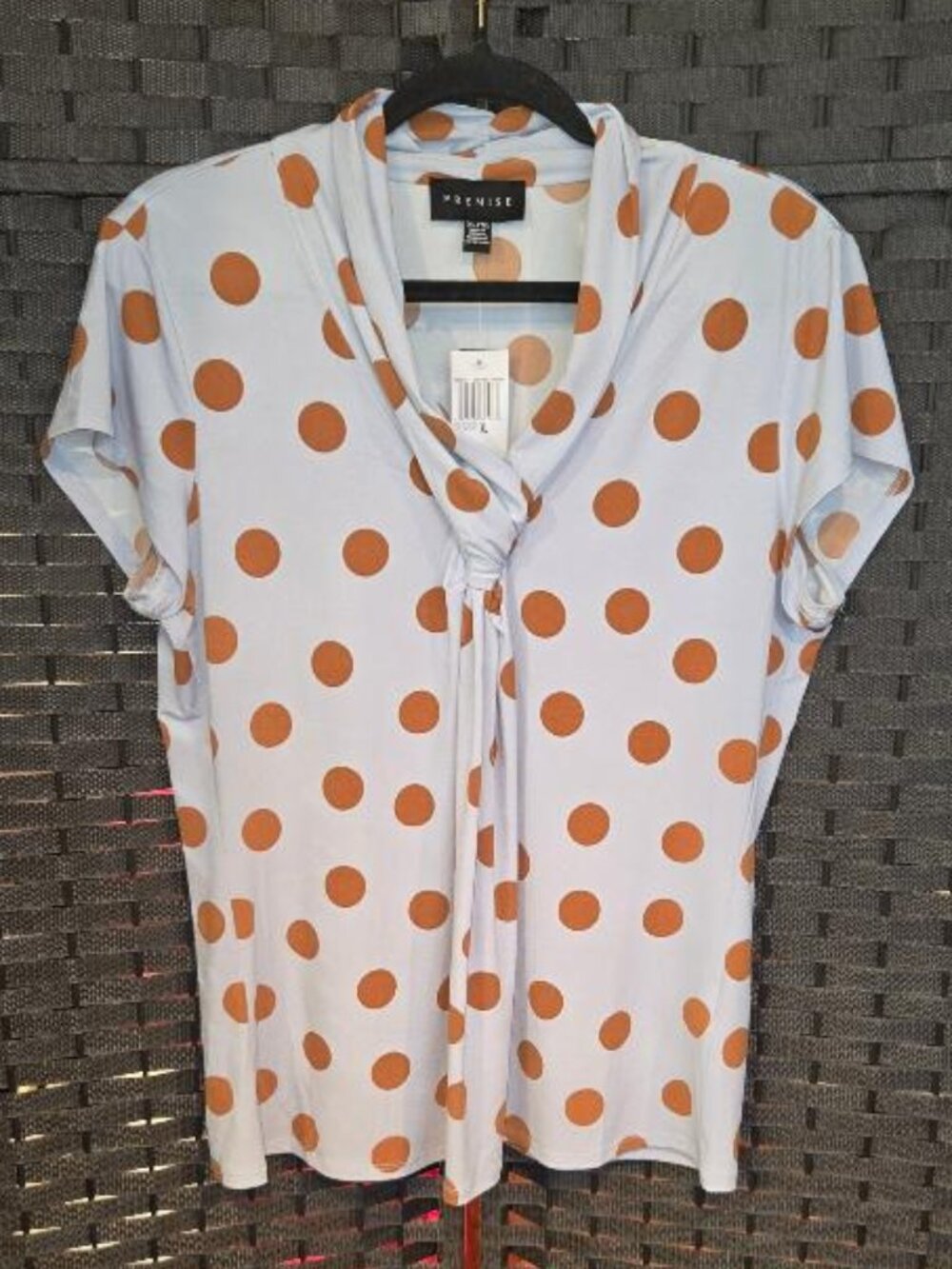 Premise Light Blue with Brown Polka Dot Short Sleeve Knot Front Blouse